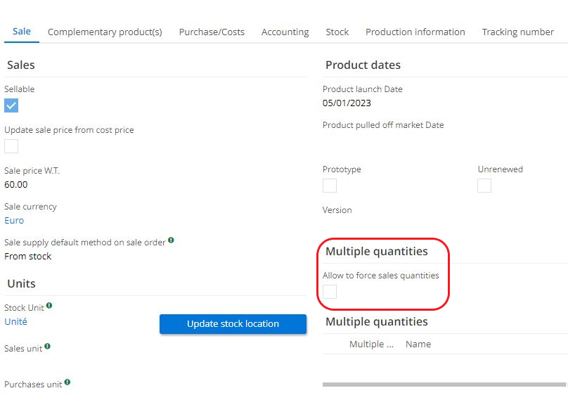 1.5. Tick the box Allow User to force Sale Quantity on the Product file (in the Sales tab). Checking this box allows you to bypass the obligation to sell multiple quantities. This checkbox appears only when the Manage multiple sale quantity functionality has been activated via app Sale.